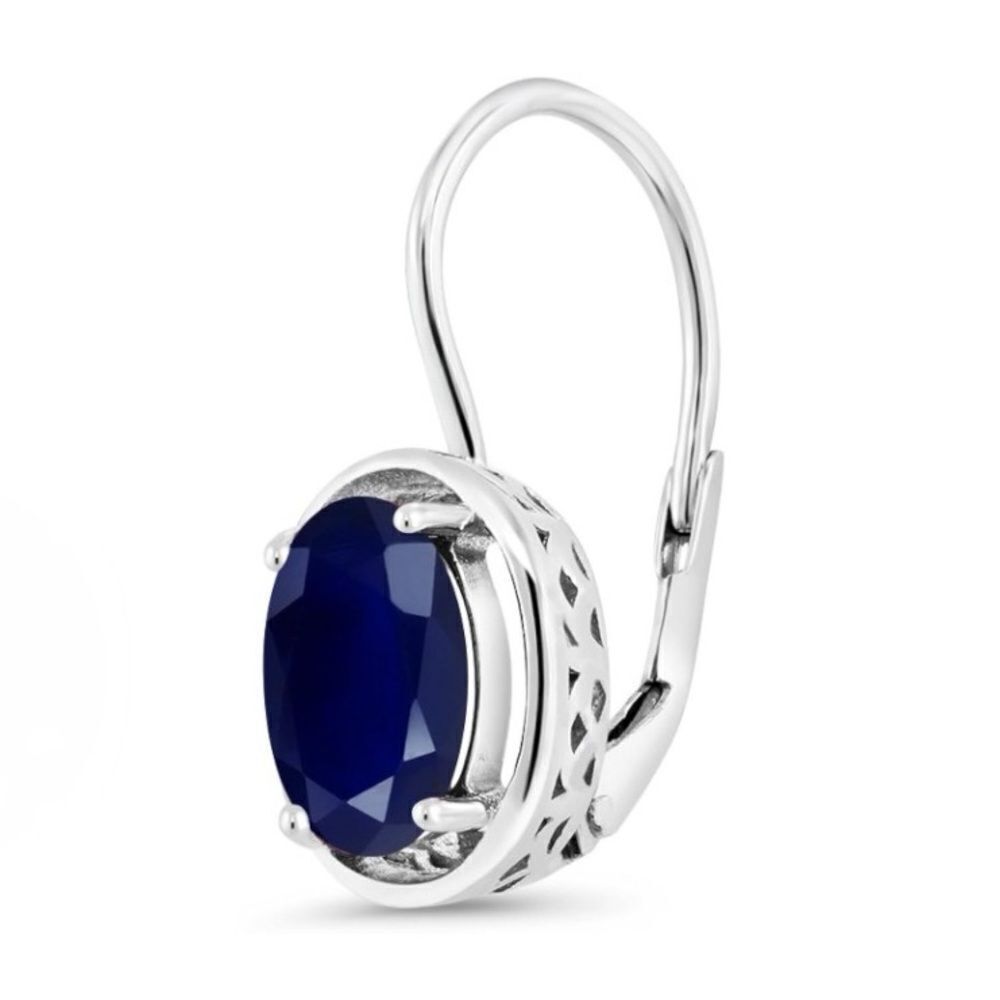 925 Sterling Silver with 5.00 Cttw Navy Blue Sapphire Oval Leverback Earrings - Picture 2 of 5